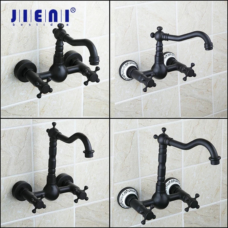 Afralia™ Black Swivel Wall Mounted Bathroom Faucet with Ceramic Base - 2 Handles
