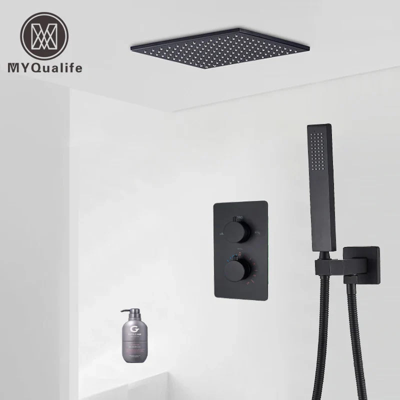 Afralia™ Matte Black 16" Thermostatic Rainfall Shower Faucet Set Embedded Box Brass Mixer Tap