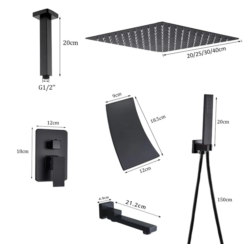 Afralia™ Matte Black Ceiling Shower Faucet System with 3-Ways Rainfall for Bathroom