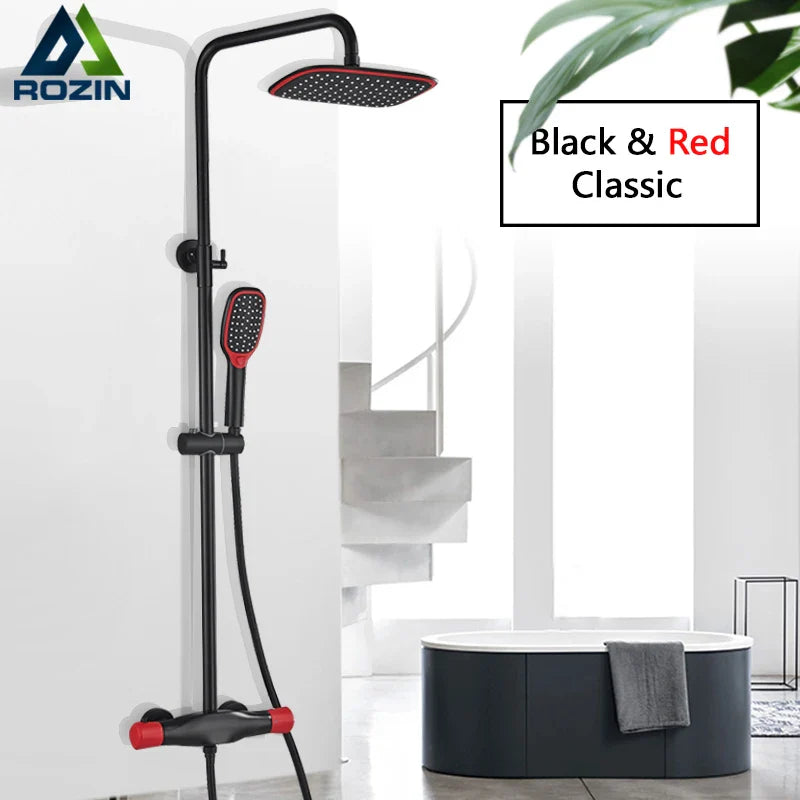 Afralia™ Matte Black Thermostatic Shower Faucet Red Black Dual Mode Hand Rainfall Mixer