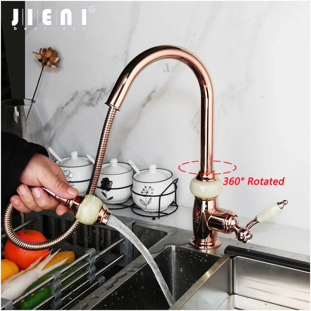 Afralia™ Golden Jade & Diamond Handle Kitchen Faucet with Swivel Pull Out Function