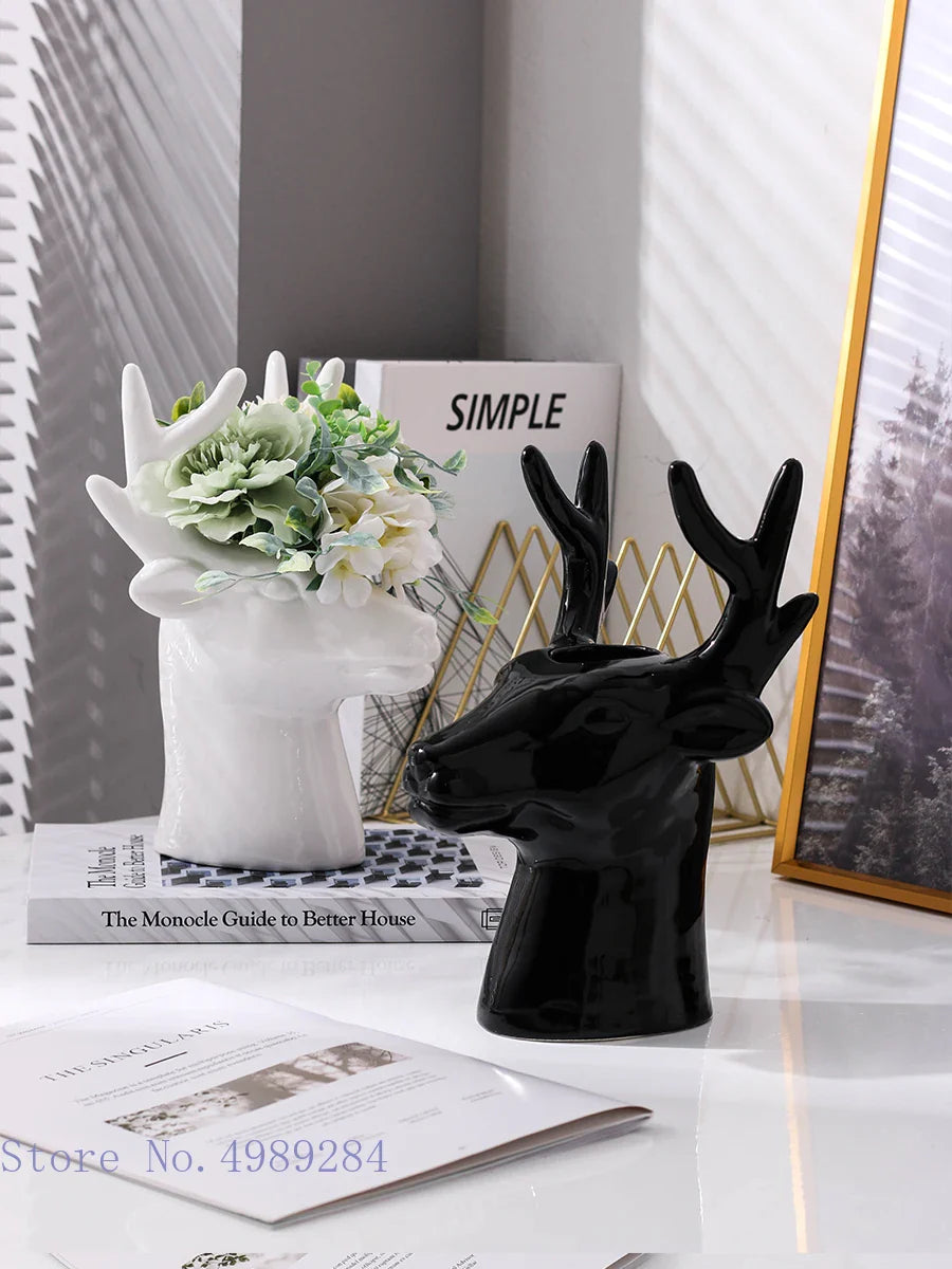 Afralia™ Deer Head Ceramic Vase - Home Decor Animal Head Flower Vase
