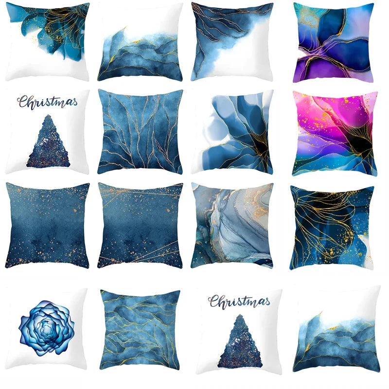 Afralia™ Blue Ink Gold Edge Geometric Cushion Cover - Polyester Throw Pillow Case