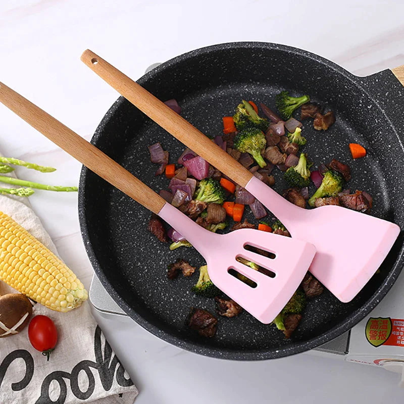 Afralia™ Silicone Kitchen Utensils Set with Wooden Handle - Practical Cooking Tools