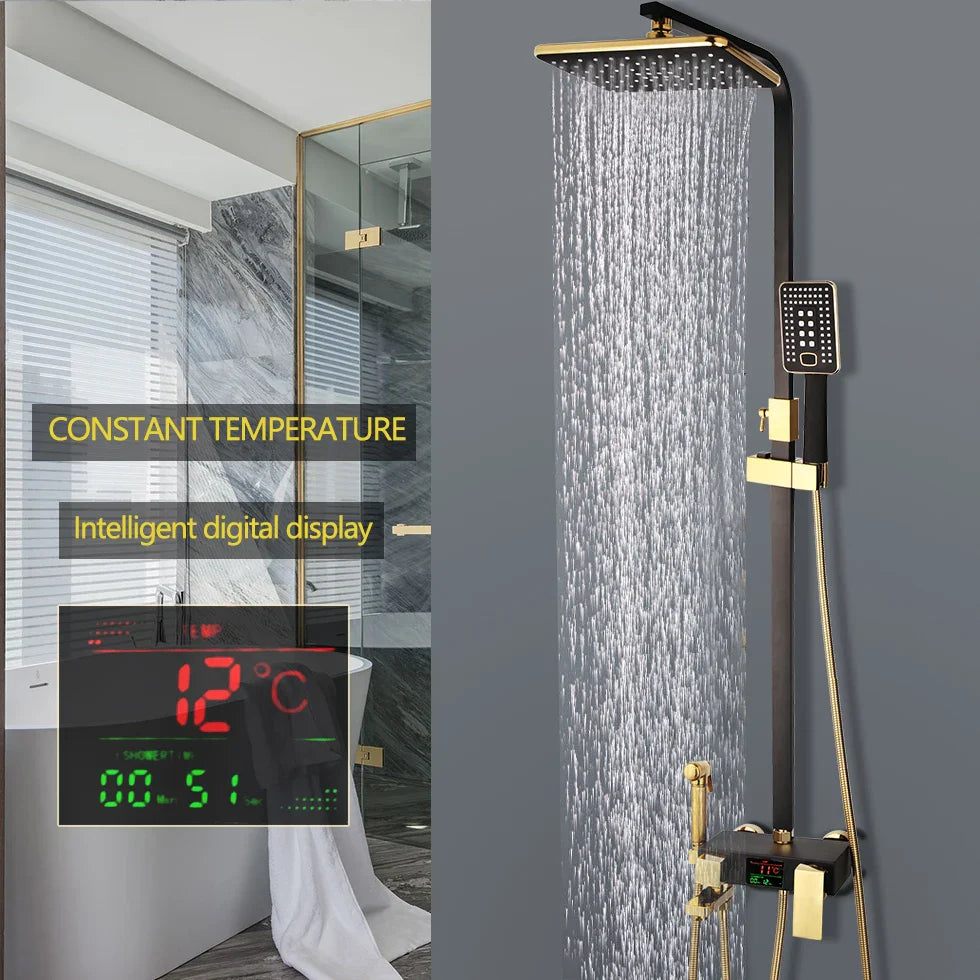 Afralia™ LED Digital Shower Set - Wall Mounted Thermo Mixer Square Spray