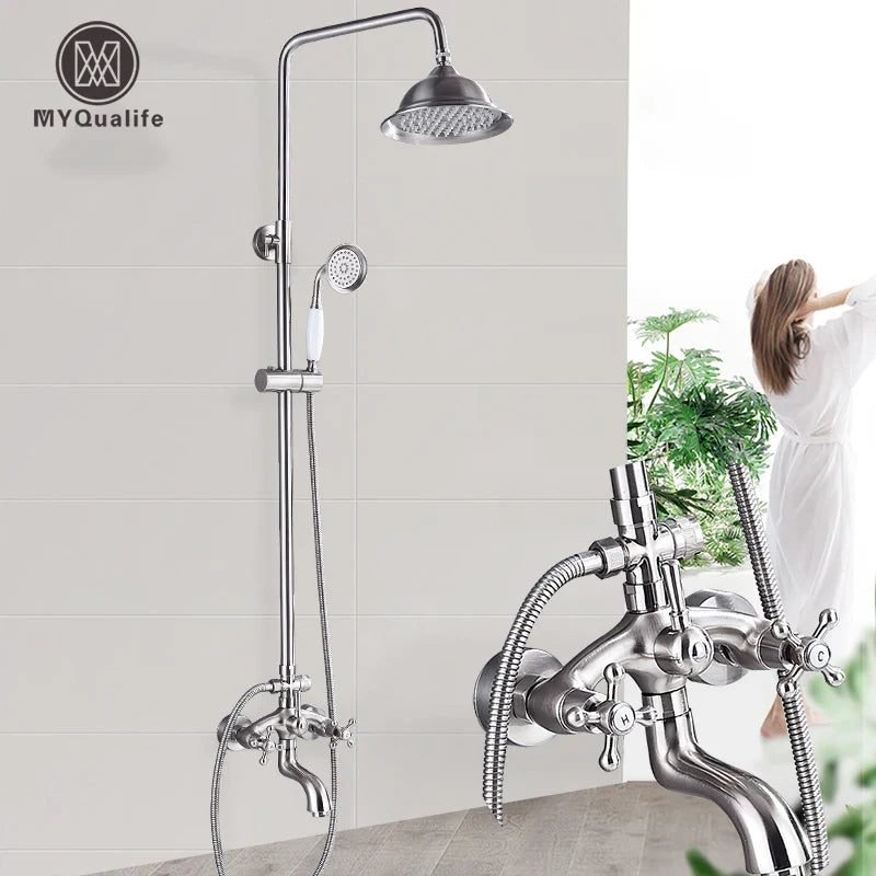 Afralia™ Brushed Nickel Shower Faucet Set with Rainfall Shower Head & Hand Held Mixer