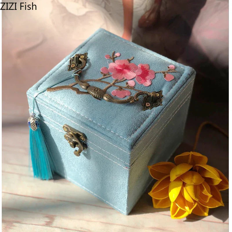 Afralia™ Three-Layer Floral Embroidery Jewelry Organizer & Makeup Box