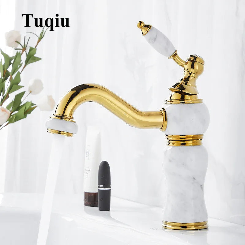 Afralia™ Gold Brass and Marble Bathroom Basin Faucet Cold Hot Water Mixer Sink Tap