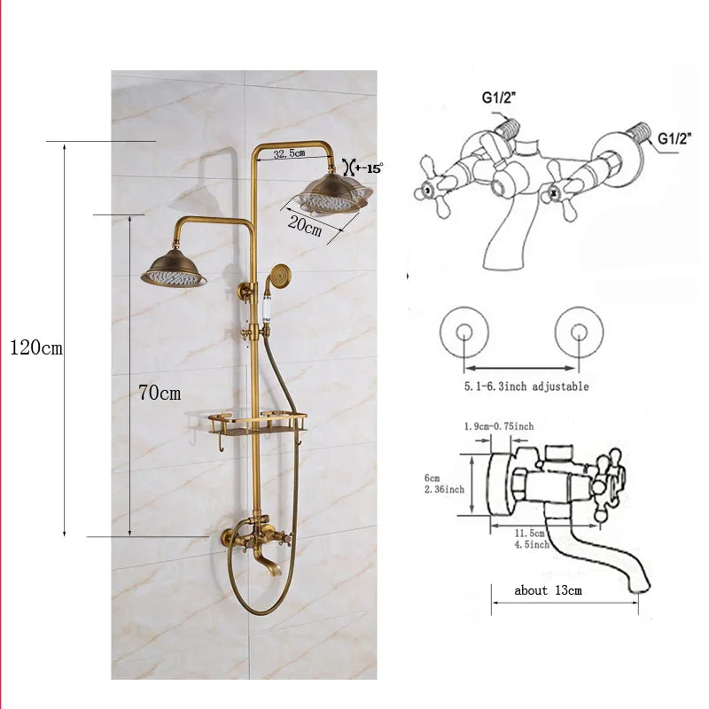 Afralia™ Brass Shower Faucet Mixer Set with 8" Rainfall Head, Storage Shelf, and Hooks