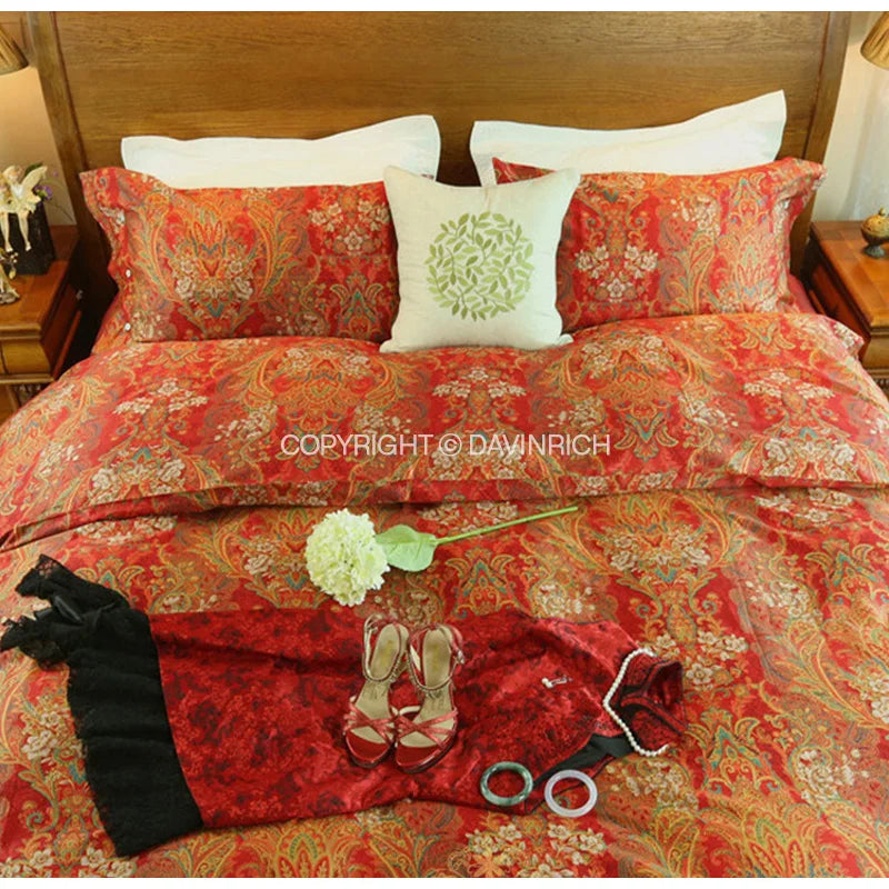 Afralia™ Chinese Red Satin Cotton Wedding Duvet Set - Luxury Handmade Retro Bedding
