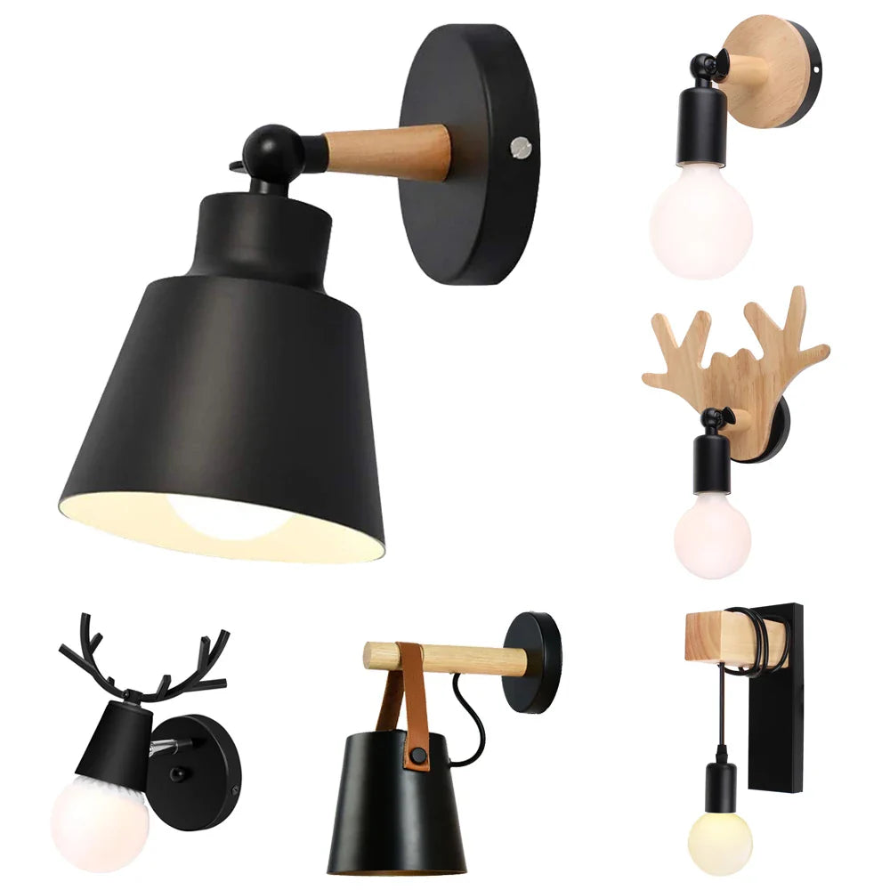 Afralia™ Modern Nordic Wood Wall Lights Bedroom Lamp Black White LED Sconce Lighting