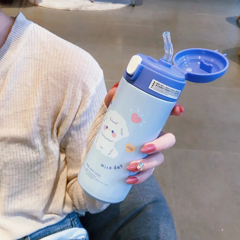 Afralia™ Cute Insulated Straw Cup Thermal Water Bottle Stainless Steel Vacuum Flask