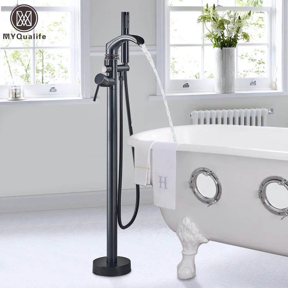 Afralia™ Matte Black Floorstanding Dual Handle Tub Faucet Swivel Spout Floor Mounted Mixer
