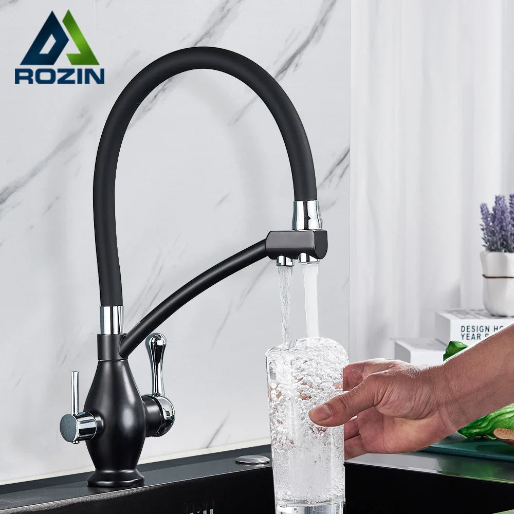 Afralia™ Dual Spout Black Kitchen Faucet with Filter, Swivel Pull Down Nozzle