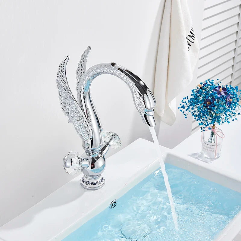 Afralia™ Chrome Double Handle Bathroom Sink Mixer Faucet Deck Mount Brass Swan Shape