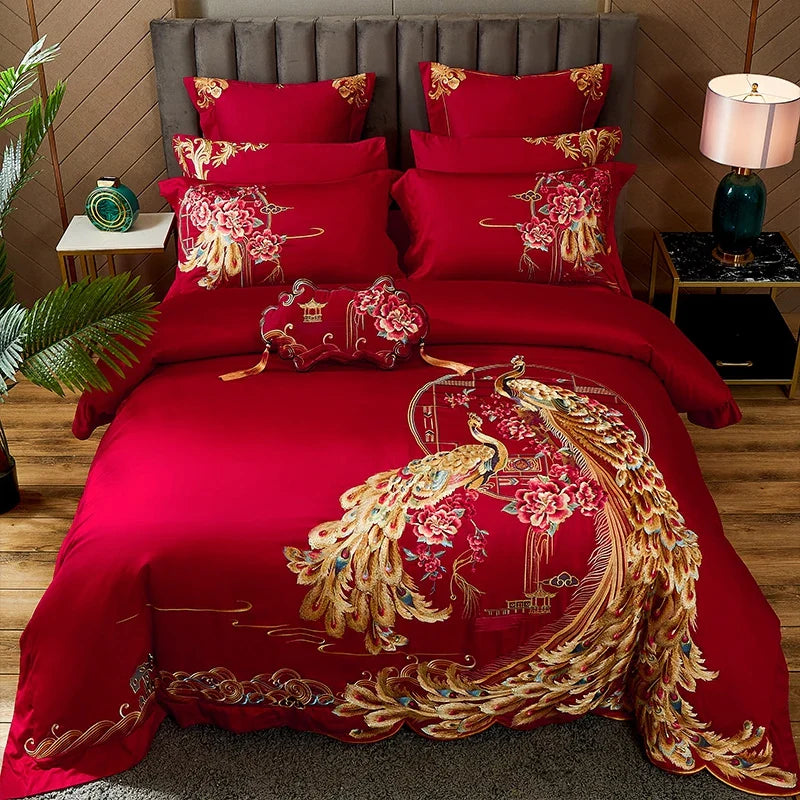Afralia™ Luxury Gold Phoenix Embroidery Bedding Set, Red Chinese Wedding Style