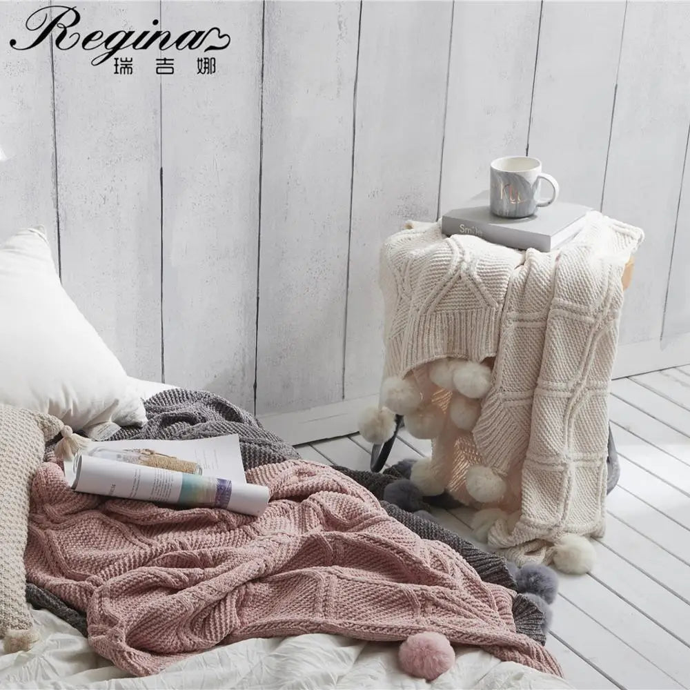 Afralia™ Chenille Plaid Throw Blanket | Pink Ivory Gray Pompom Knitted | Super Soft Cozy Chunky Knit Blanket