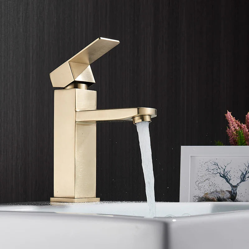 Afralia™ Square Single Lever Basin Faucet, Brushed Gold Finish - Deck Mounted Bathroom Sink Tap