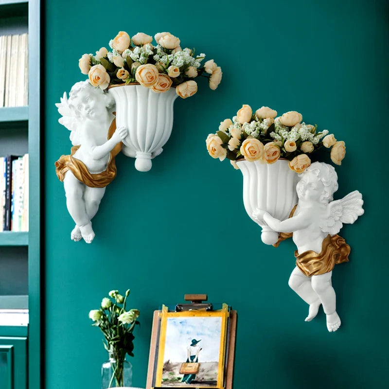 Afralia™ Resin Angel Wall Vase: Cupid Flower Pot Decor for Living Room Background Art