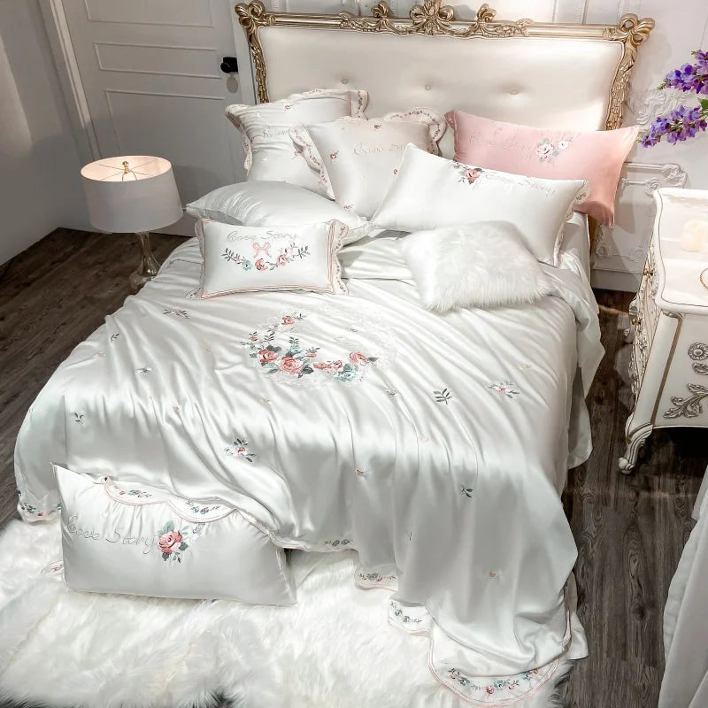 Afralia™ White Flower Embroidery Lyocell Bedding Set, Queen/King Duvet, Sheet, Pillowcases