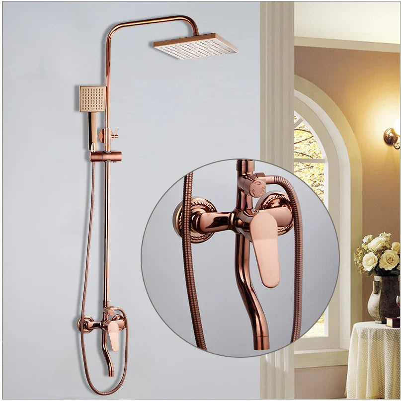 Afralia™ Rose Golden Shower Faucet Set with Rainfall Hand Shower & Mixer