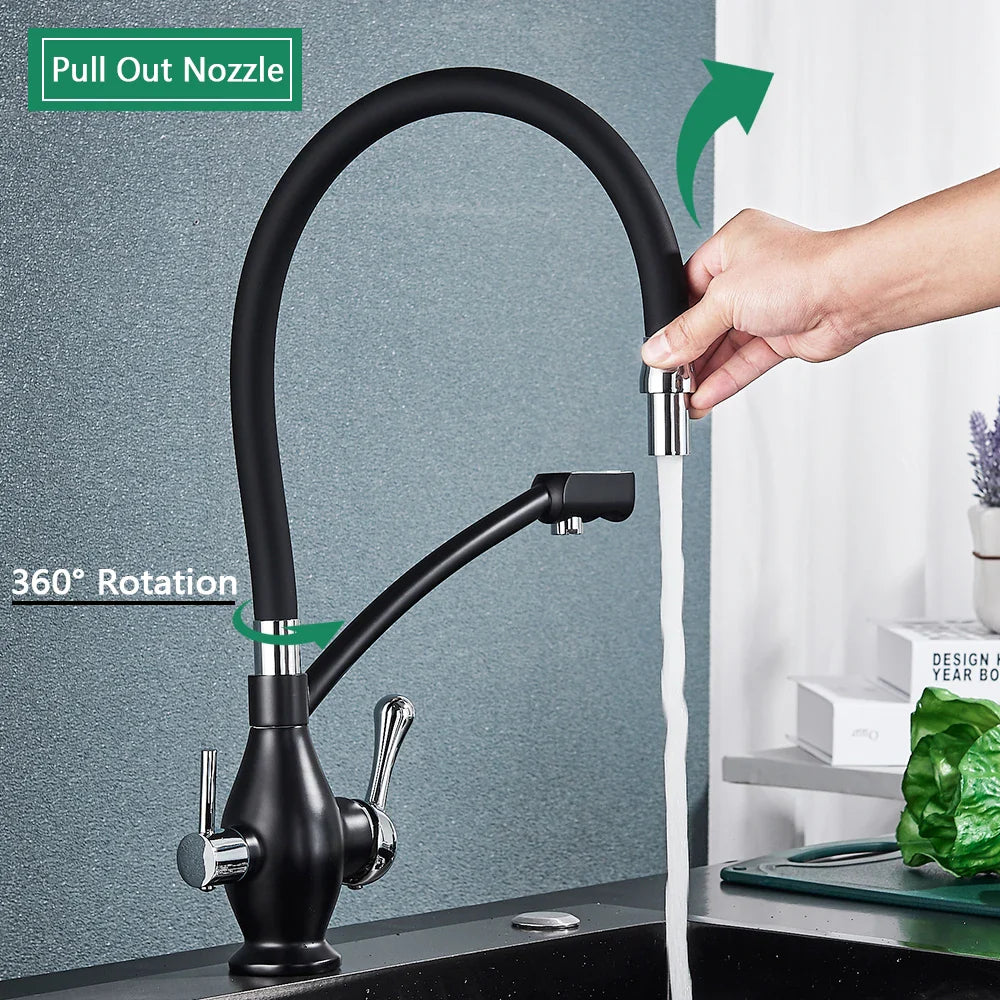 Afralia™ Dual Spout Black Kitchen Faucet with Filter, Swivel Pull Down Nozzle