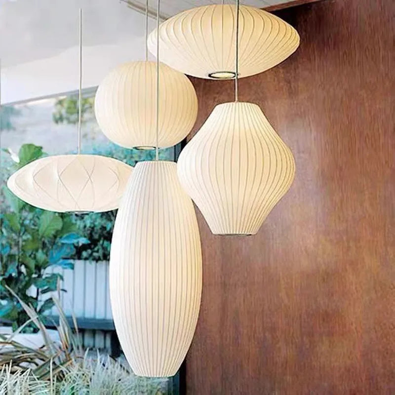 Afralia™ White Silk Cloth Pendant Light Minimalist Design Loft Lantern Nelson Lamp