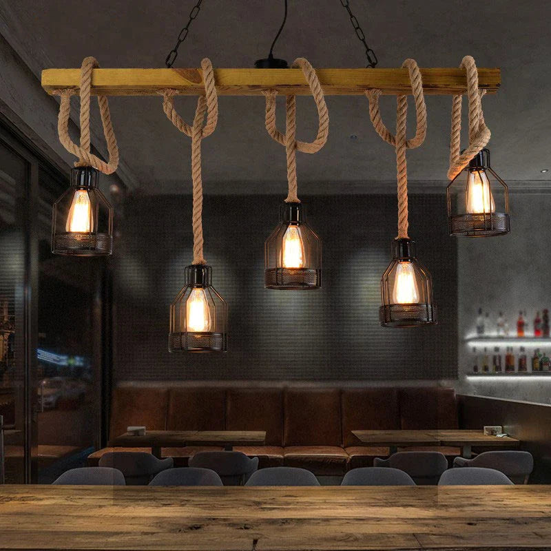 Afralia™ Vintage Hemp Rope Wood Chandelier Pendant Lamp for Dining, Living Room & Cafe