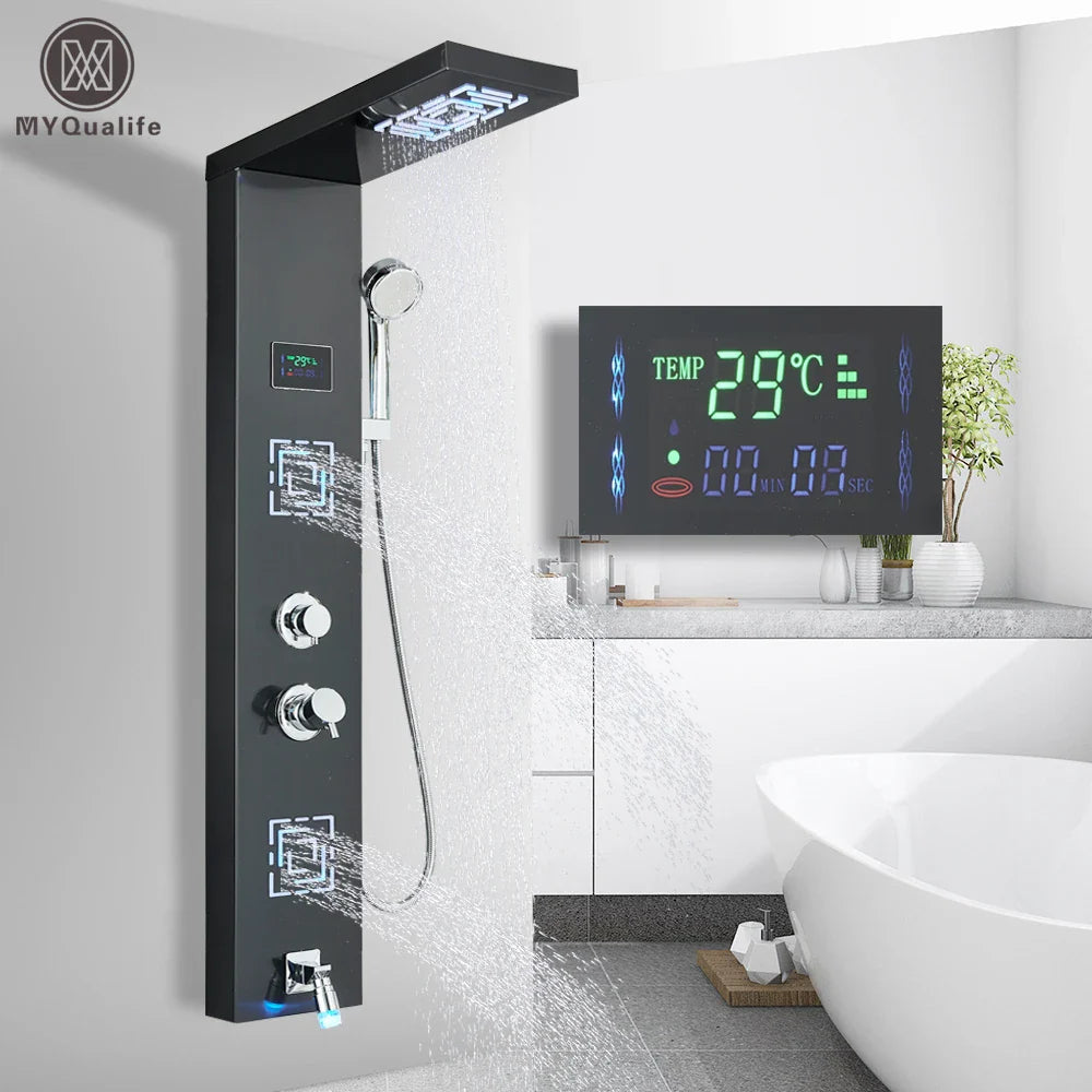 Afralia™ LED Light Shower Faucet System: Rainfall, Massage Jets, Waterfall Panel with Temperature Control