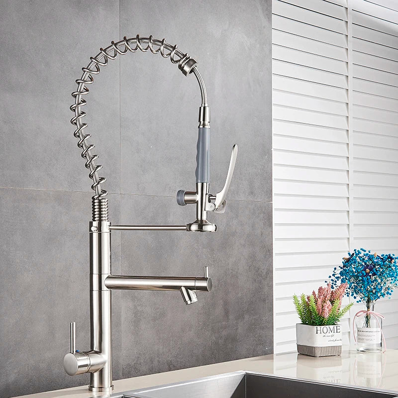 Afralia™ Brushed Nickel Spring Kitchen Faucet Single Handle 360 Rotation Mixer Tap