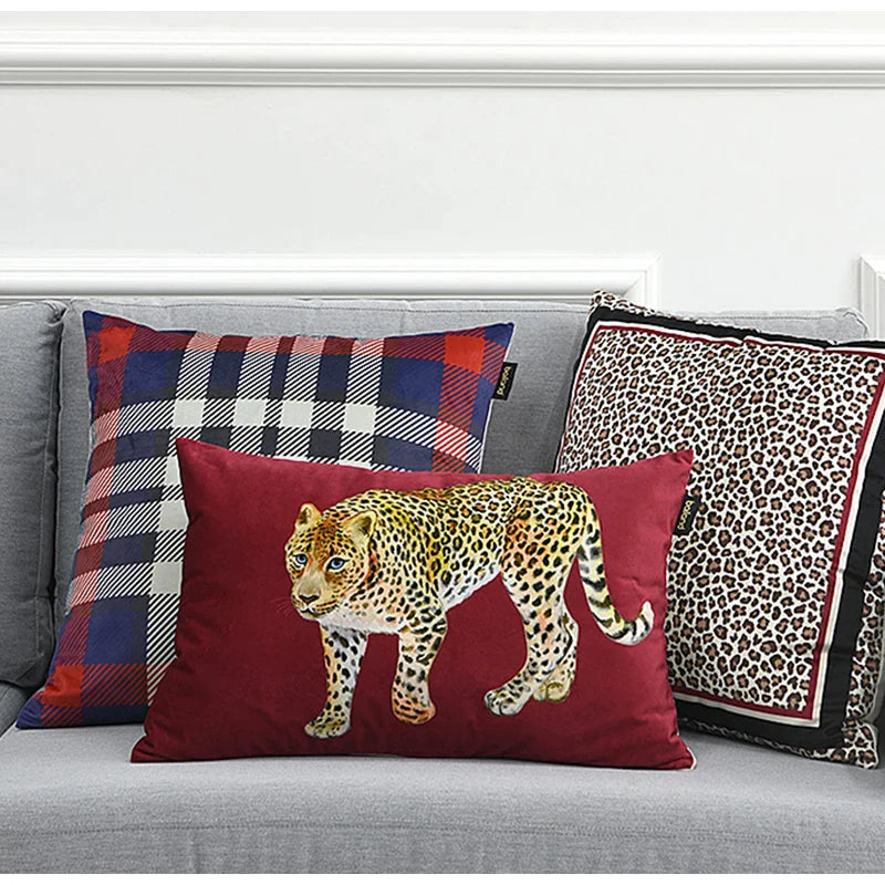Afralia™ Red Velvet Textured Leopard Print Luxury Lumbar Pillow Case 35x55cm