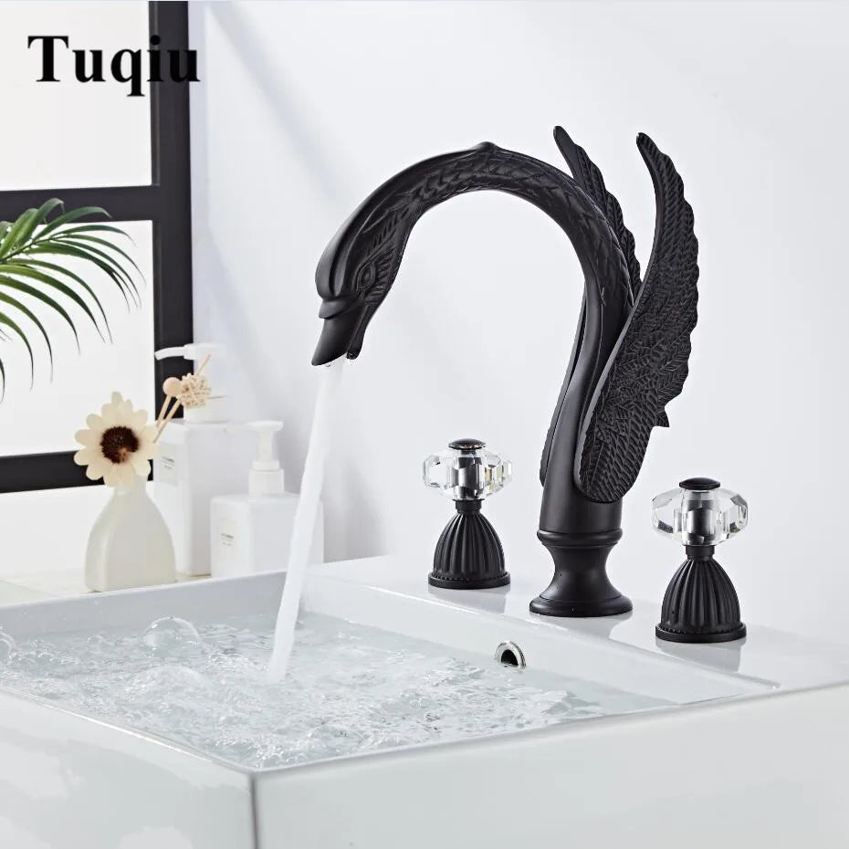 Afralia™ Swan Basin Faucet Gold Brass 3-Hole Black Oil Brushed Sink Tap