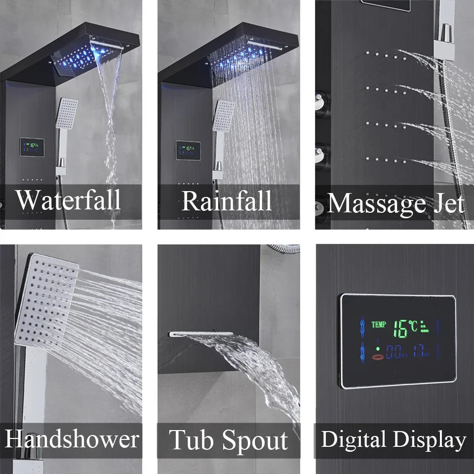 Afralia™ LED Rainfall Shower Panel Set with Temperature Screen and Hand Sprayer