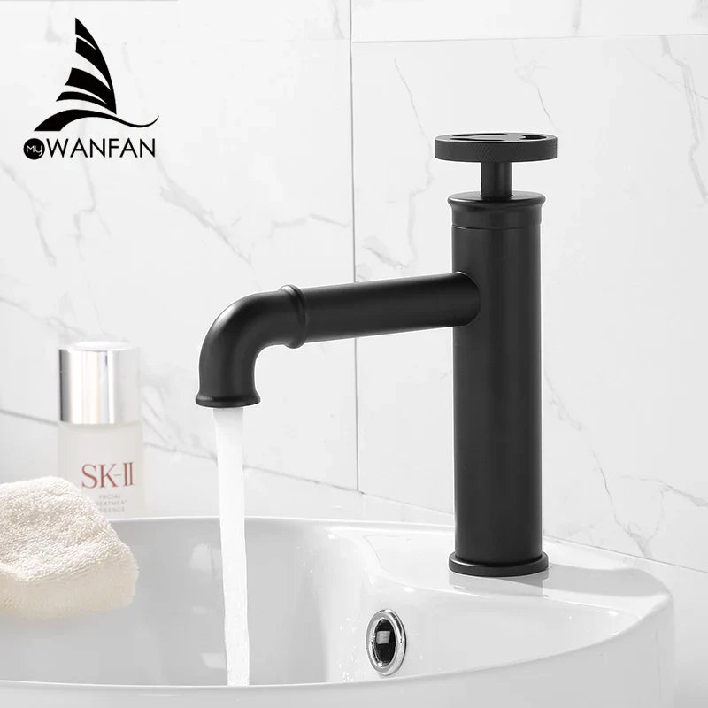 Afralia™ Matte Black Brass Basin Faucet Retro Industrial Style Hot Cold Mixer Tap