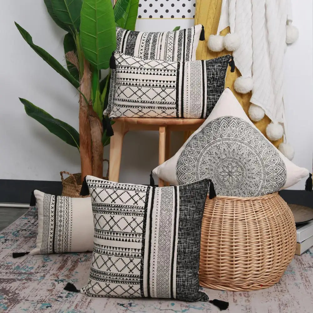 Afralia™ Retro Cotton Black Cushion Cover with Tassles, Boho Style Home Decor