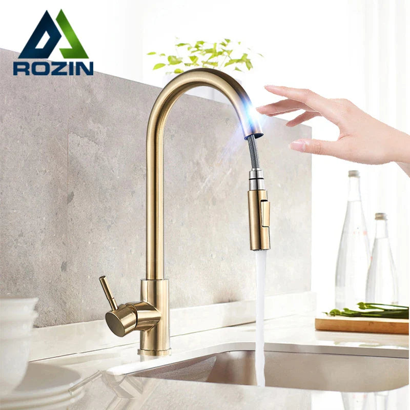 Afralia™ Smart Touch Kitchen Faucet - Brushed Gold, Pull Out Sensor, 360 Rotation, 2 Outlet