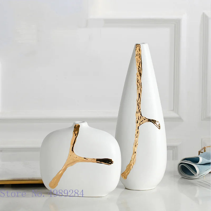 Afralia™ White Ceramic Vase with Golden Branches Flower Arrangement for Modern Home Decor