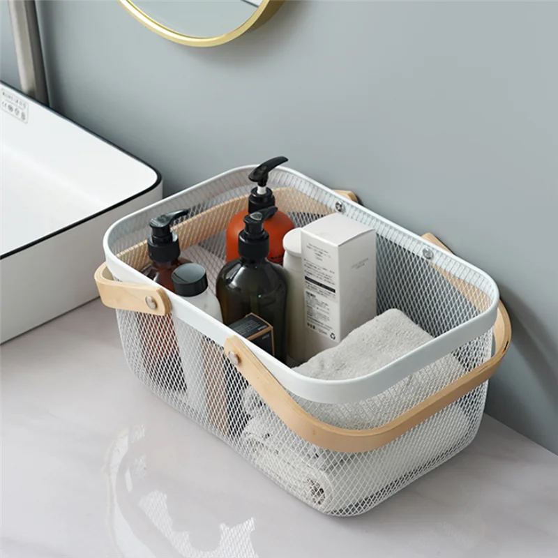 Afralia™ Rectangular Iron Mesh Storage Basket with Wood Handle for Kitchen and Bathroom