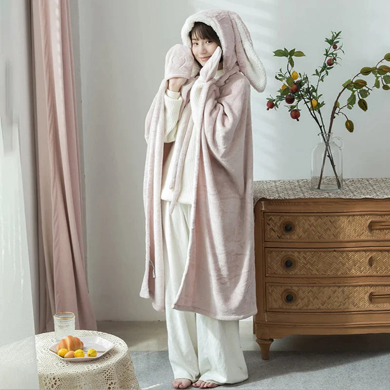 Afralia™ Kawaii Rabbit Hooded Blanket: Coral Velvet Warm Throw Blanket for Adults and Kids