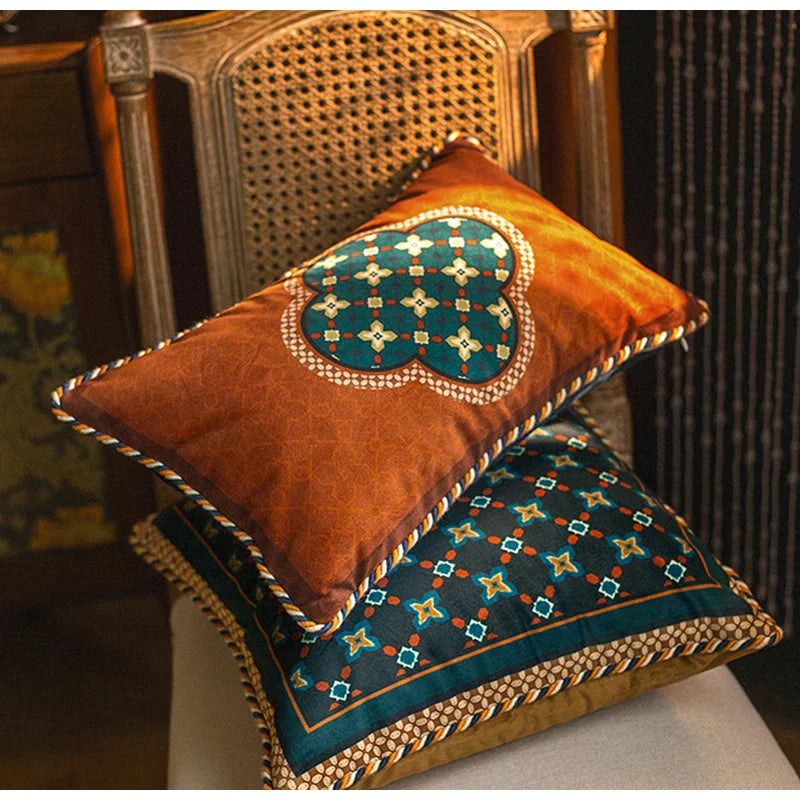 Afralia™ Plum Pattern Velvet Cushion Cover with Orange Blue Geometric Design