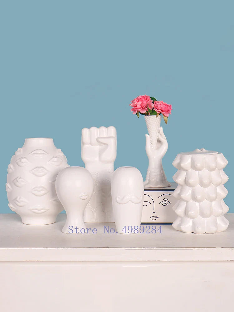 Afralia™ Abstract Character White Ceramics Vase Home Decor Handcrafted Modern Flower Arrangement