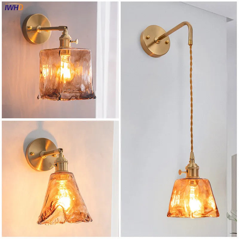 Afralia™ Amber Glass Wall Lamp Switch, Modern Copper LED Light for Home, Bedroom, Living Room
