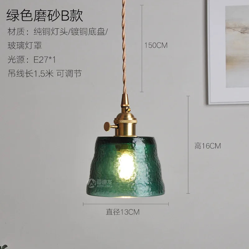 Afralia™ Green Glass LED Pendant Light - Japanese Style Nordic Copper Hanging Lamp