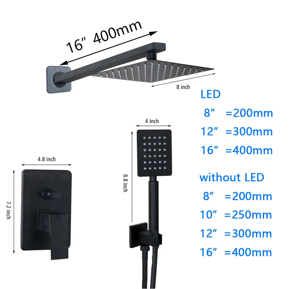 Afralia™ Matte Black LED Shower Faucet Set with Wall Mounted Rainfall Shower Head