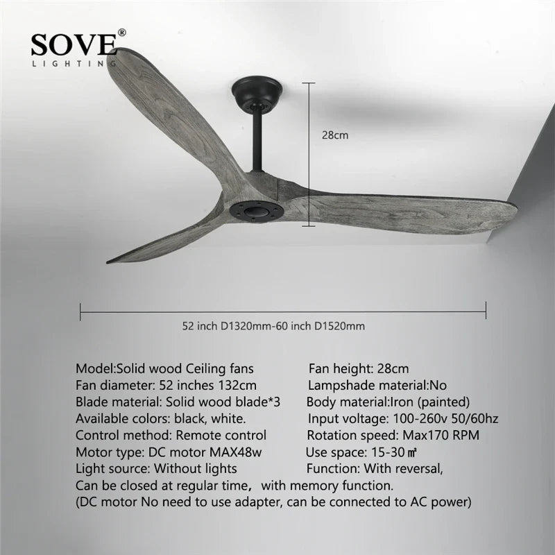 Afralia™ 52" Grey Wood Vintage Ceiling Fan with Remote Control - Nordic Design