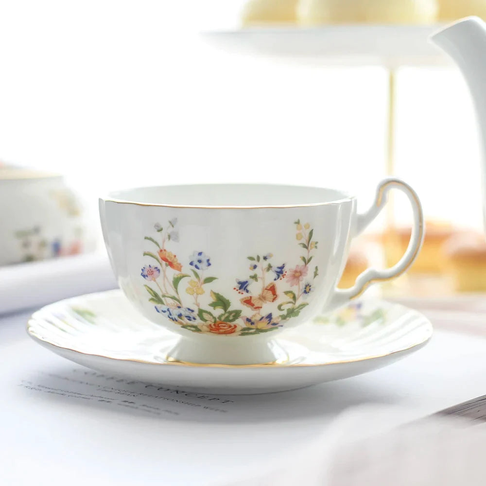 Afralia™ Bone China Tea Cup Set, Flowers Teacup & Snack Dish for Office Drinkware