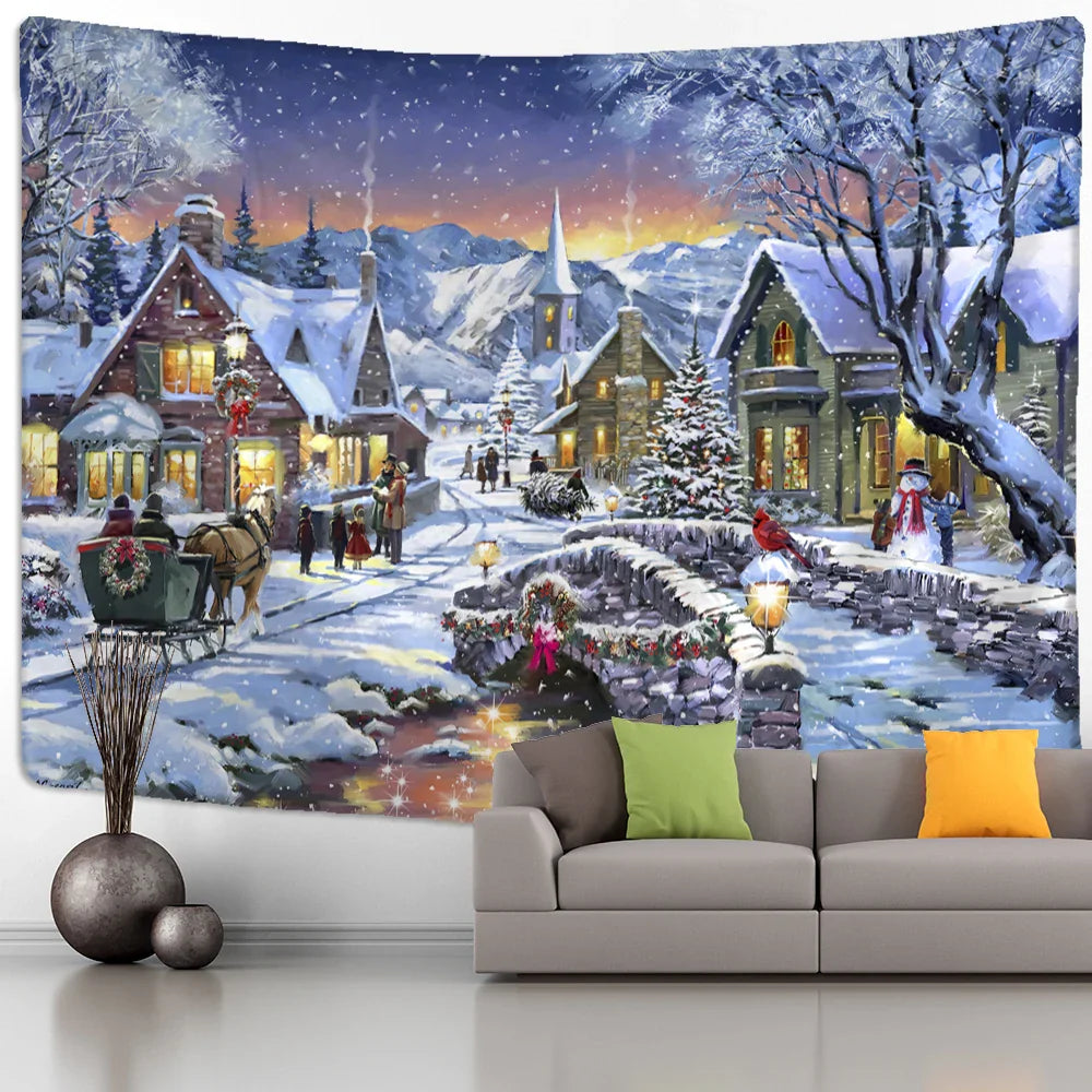 Afralia™ Christmas Tree Snowman Tapestry - Natural Snow Scene Oil Painting Hippie Decor
