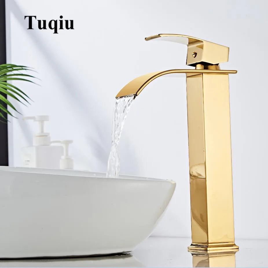 Afralia™ Gold Waterfall Basin Faucet - Brass Mixer Tap for Bathroom Sink, Hot and Cold