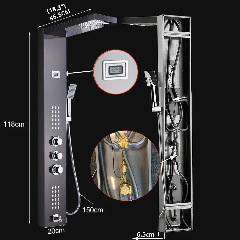 Afralia™ Brushed Nickel Thermostatic Waterfall Rain Shower Panel with 3 Handles