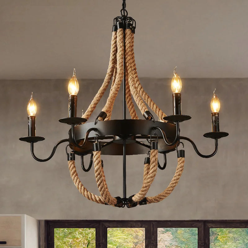 Afralia™ Industrial Hemp Rope Chandelier: Vintage Loft Style for Bar, Coffee, and Home Lighting